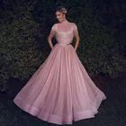 Modest High Neck Cap Sleeve Arab Evening Dress Long Gown with Tassel