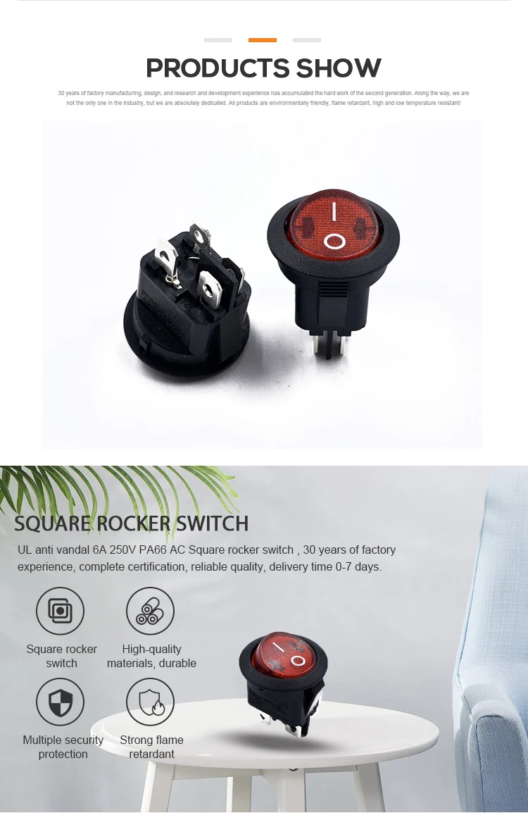 JEC Round Rocker red Switch 6A 250V On-off Round Type Rocker Switch With Light