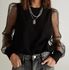 Factory ODM & OEM Elegant Women Black Gauze Sheer Spliced Organza O Neck Fashion Blouse lady blouse & top