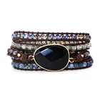 Fashion Wrap Bracelets for Men Women Vintage Black Onyx Bracelet Natural Stone Charm Leather Bracelet Jewelry
