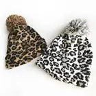 Leopard print multicolor winter hats with fur pom pom beanie