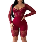 2019 Sexy Perspective Playsuit Women Long Sleeve Lace Jumpsuit Clubwear Mesh V-neck Bodycon Bodysuit