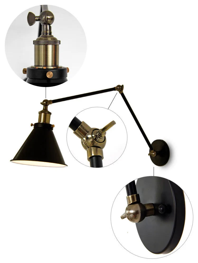 Industrial Retro Double Swing Arm Lamp Brass Metal  Black Tapered Shade Wall Sconce