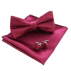 hiqh quality men's solid red silk bow tie and pocket square cufflinks set
