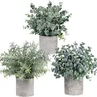 Set of 3 Mini Potted Artificial Eucalyptus Plants Plastic Faux Green Rosemary Plant for Home Decor