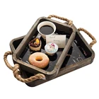 2pcs Wood Serving Tray with Jute Rope Handle Vintage Rustic Farmhouse Wooden Breakfast Tray Decorative Butler Tray Plate