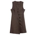 women fashion casual clothing buckle V-neck brown ladies dress