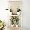 Woven Macrame Plant Hanger Rope Pot Hanging Holder with Double Wooden Shelf Wall Hanging Decor