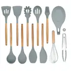 Beech wood utensil serving spaghetti slotted spatula silicone cooking spoon set with wooden long handle holder for kitchen