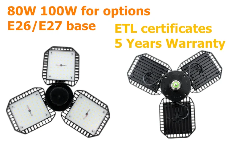 5 Years Warranty E26/E27 Base LED Foldable Light 120lm/w ETL Certificates Deformable LED Garage Lights 60W 80W 100W