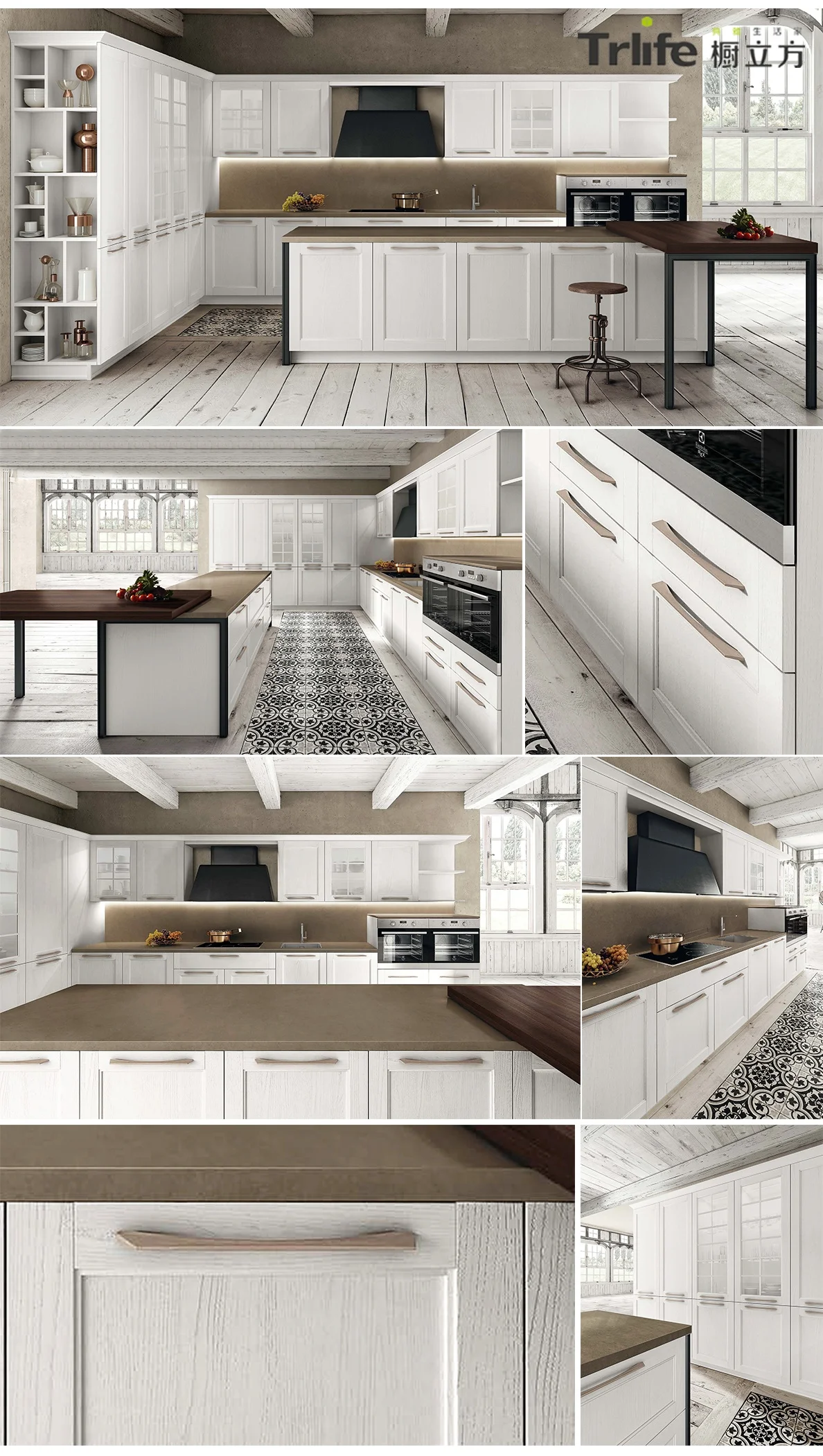 Customized modern modular kitchen cabinet  with hard wood door and white shape