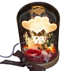 Gift Romantic Artificial Silk Rose In Glass Dome With Led Night Red Preserved Flower For Valentine's Day