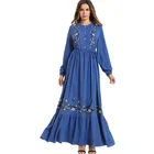 Blue long sleeve casual embroidery floral ruffles ladies abayas women maxi dress