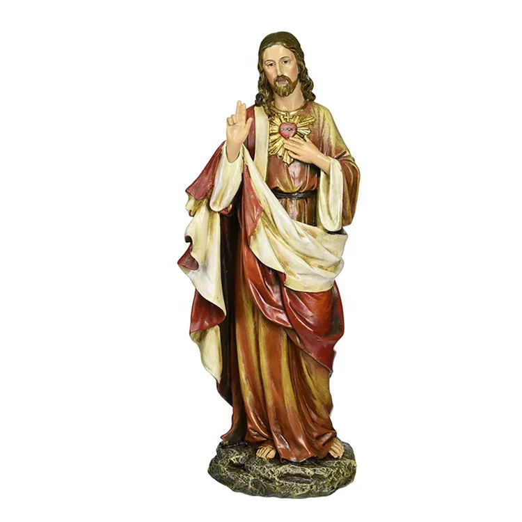 Polyresin/resina 10,25 pulgadas de alto Sagrado Corazón de Jesús de piedra de resina pintado a mano estatua