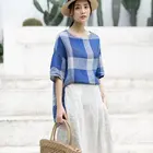 Summer Casual Blue And Gray Half Sleeve Round Neck Plaid Ladies Shirt Top Women