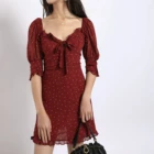 French Dot Vintage Ladies Casual Dress Half Sleeve Front Tie Bow Ruffle Women Mini Daily Dress