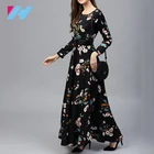 High Quality Women Fashionable Long Sleeve Black Printed Maxi Adult Dress