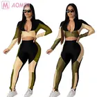 P1112 casual fashion contrast color zip crop top skinny Crop Top 2 Piece Set Women Clothing Pants
