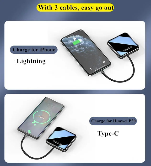 20000mAh Mirror Mini Power Bank Portable LED LCD Fast Charging slim Powerbank Quick Charge Mobile Charger with 3 in 1 cables