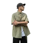 Summer Mens Cargo Short Sleeve Shirt Black Cotton Casual Tee Shirts Patched