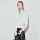 Bow tie neck silk blouse for ladies long sleeve tops buttons real white silk shirts