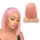 Pink short pre plucked virgin bob wigs human hair lace front wig for women