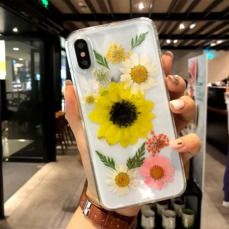Shockproof Mobile Accessories  Epoxy 3D Dry Dried Real Flower Acrylic Back Phone cover Case