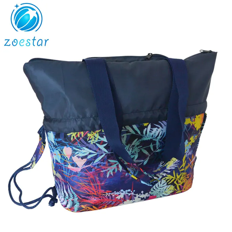 Shape-changeable Drawstring Shoulder Bag with Front Zipper Pocket Multi-purpose Bag