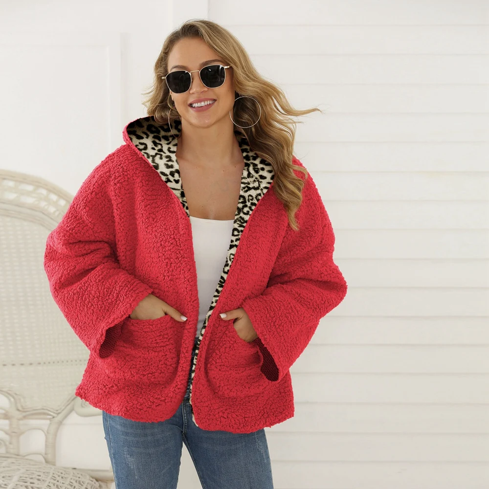 Kadın kış ceket parlak renk moda rahat kapşonlu leopar sıcak