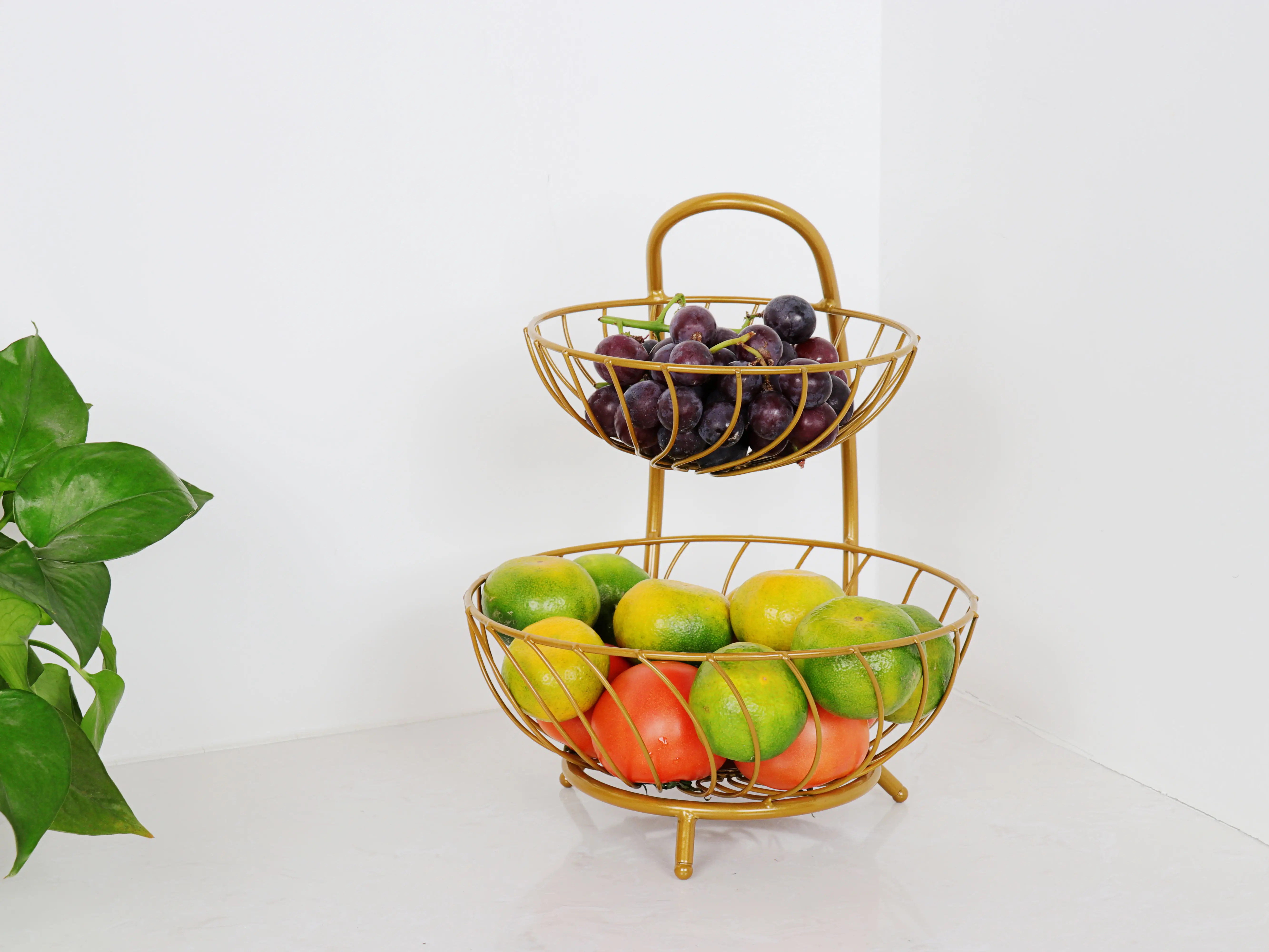 Modern Round Luxury 2 Tier Metal Fruit Basket Stainless Steel Fruit