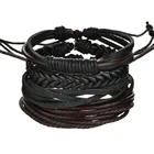 Steel Black Leather Twine Bracelet Hand Woven PU Leather Bracelet Wholesale