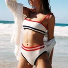 Ribbed Color Block Tie Shoulder High Waisted Crop Top Bikini Swimsuit China OEM Bikini Factory