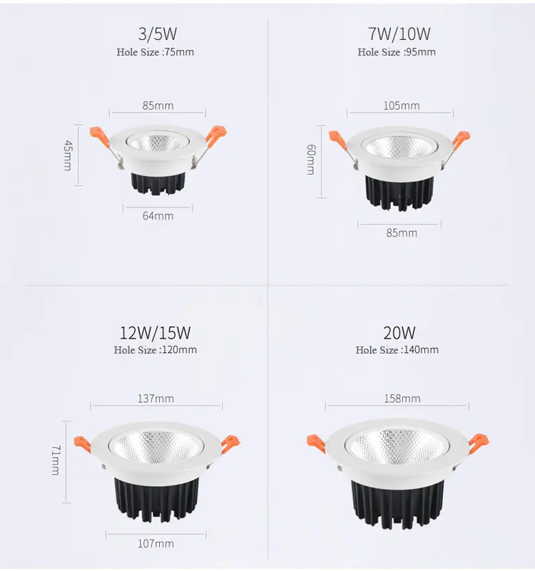 7w 30w 240v Round Adjustable Hotel Ceiling COB Led Down Light Fixtures