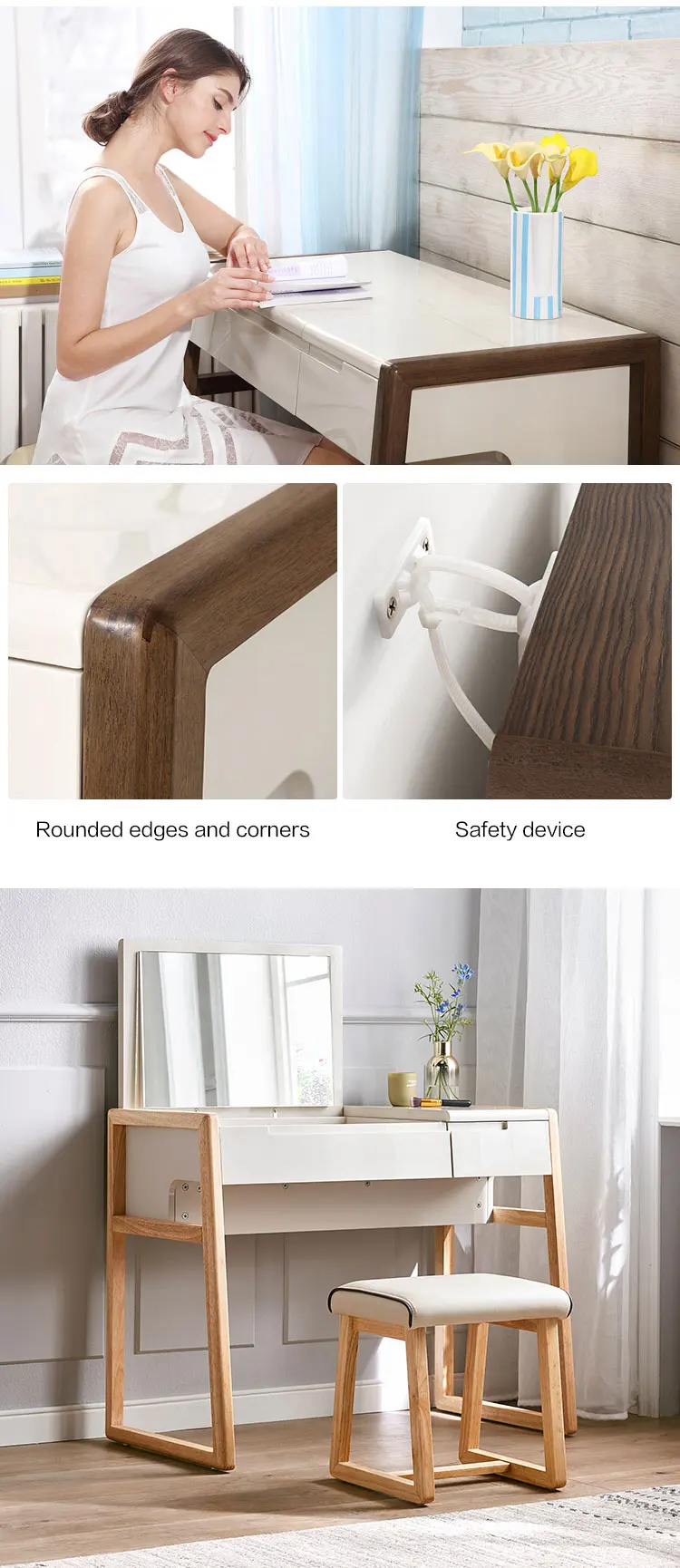 French Nordic Multifunction Small Corner Bedroom Makeup Tall 6 Drawers White Mirrored Dresser With Mirror