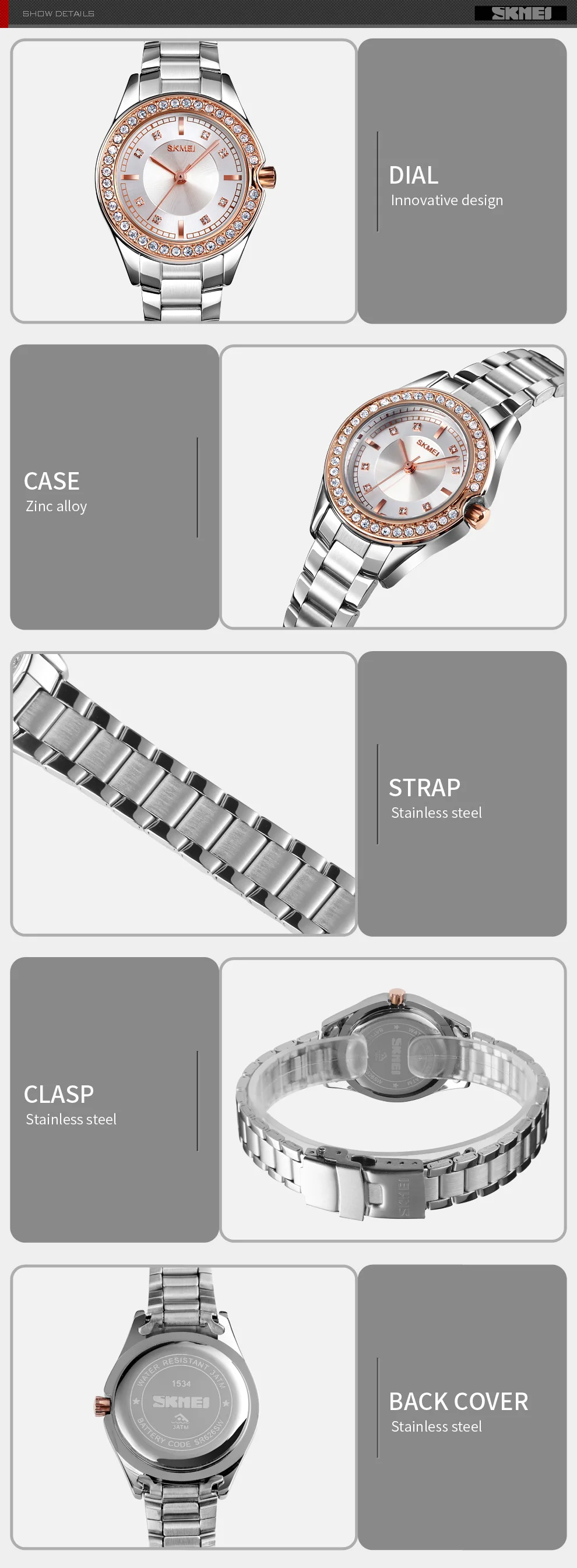 SKMEI 1534 Fashion Stainless Steel Women Watches Luxury Diamond Quartz Wristwatches