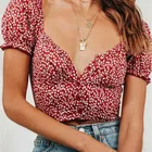 Red exposed waist chiffon top, printed V-neck single-breasted puff sleeve shirt