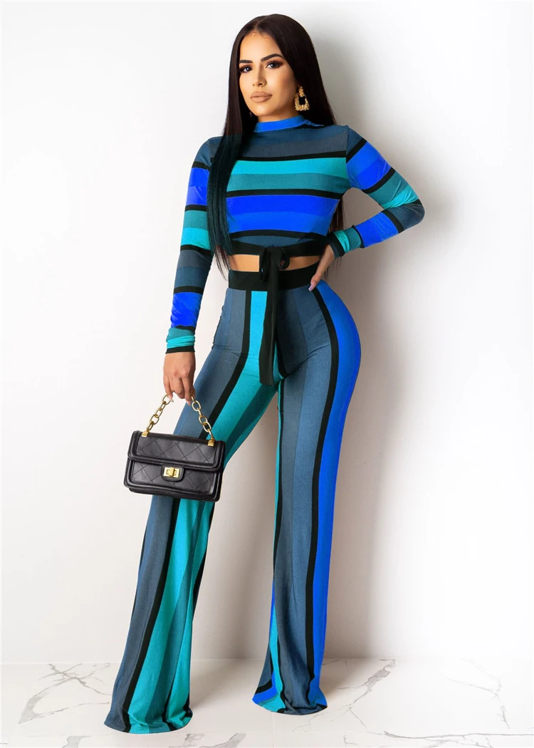 C90567 Fashion long sleeve t shirt wide leg pants color stripe printing two piece set for woman