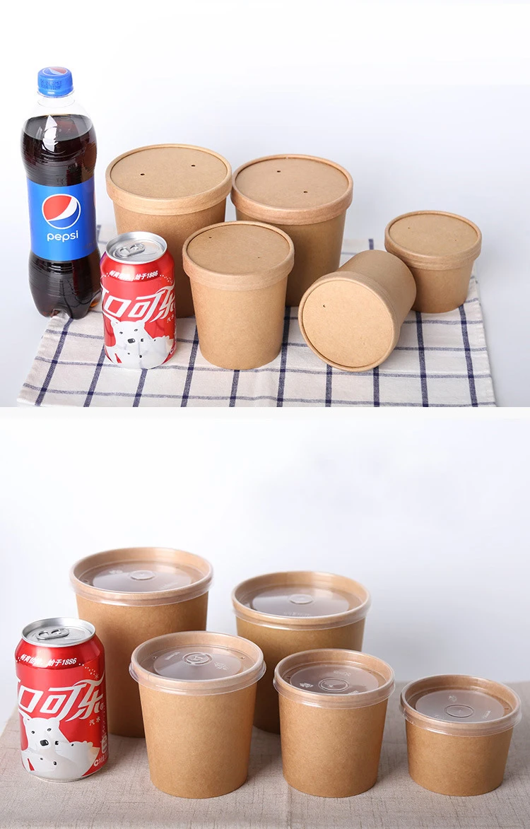 Disposable Degradable Kraft Paper Soup Cup Bowl With Lid For Ice Cream