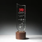 New Style Custom LOGO Engrave Shield Glass Crystal Trophy Award with Wooden Base
