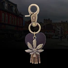 hot selling promotional leather chain brass 3d metal maple leaf shape key ring keychain car keyring