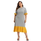 New Arrival Gray And Yellow Splice Short Sleeve Fashion T Shirts Plus Size Women Casual Dresses