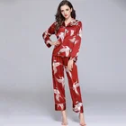 Women Autumn Pajama Set Silk Satin Pijama Sleepwear Animal Printed Pyjamas Nightwear