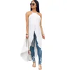 FREE Shipping Sexy White Sleeveless Halter Sling Women Shirt Ruffles Summer Short Front and Long Back Loose Women Clothes