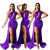 0719M212 2019 New design summer sexy fashion openwork woman split purple floor length dress