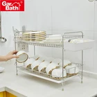 Standing Type Kitchen Countertop 2 Tier Stainless Steel Utensil Holder Deluxe Dish Drying Rack with Drain Tray