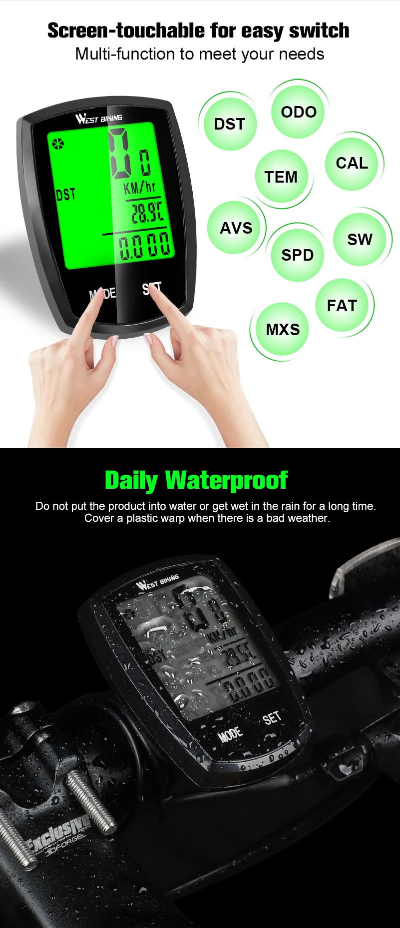 WESTBIKING Bike Computer Screen-touchable Speedometer Digital Odometer Cycling Computer Wired/Wireless Exercise Bicycle Computer