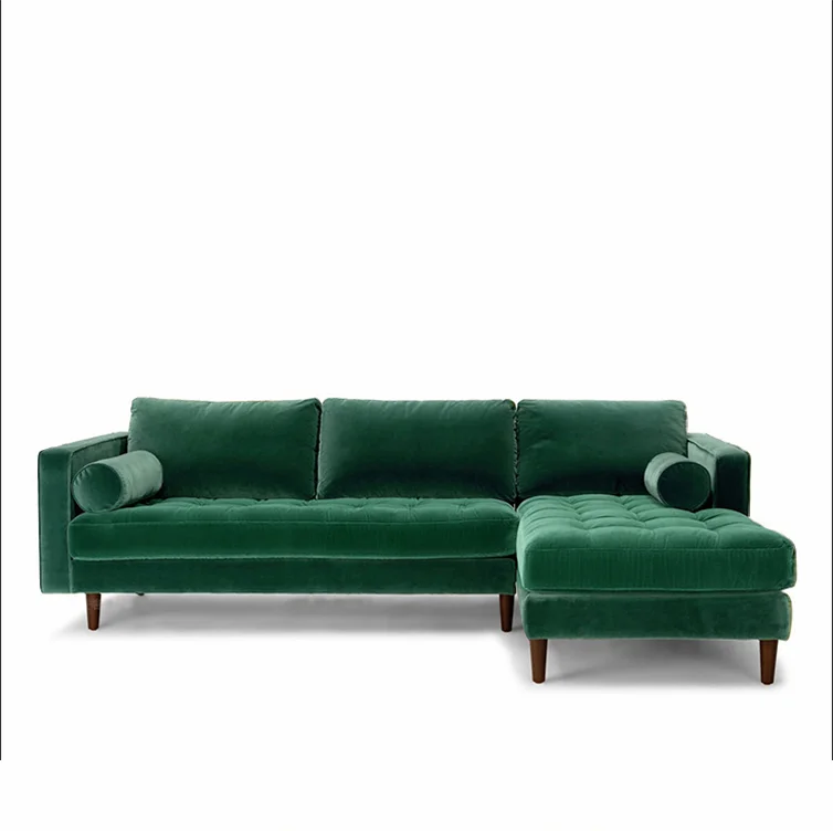 Mais recente preço de fábrica canto em forma de L azul e verde moderno sofá da tela de veludo