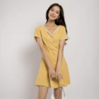 Summer Short Sleeve Loose Solid Color V-neck Vintage Fashion Yellow Casual Dress With Lace Border For Ladies
