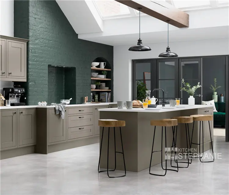 classic kitchen cabinet with luxury island, gray cupboard wood  kitchen cabinet