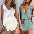 Vest Women 2021 Fashion Casual Solid V-neck Vest Loose Shorts Summer Sweater Set For Women